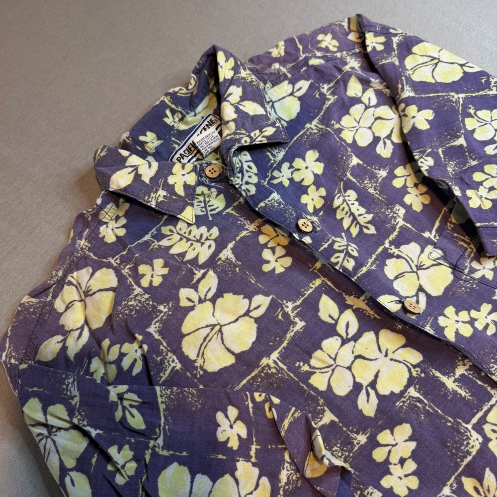Pacific Scene Mens XL Purple Yellow Hibiscus Floral Rayon Hawaiian Aloha Shirt